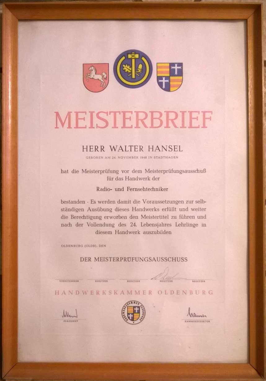 Meisterbrief Walter Hansel TV-Service